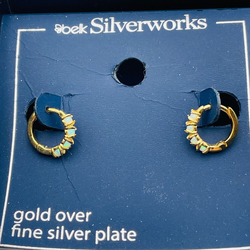 Yellow Gold over Fine Silver Plate Opal Earrings .5" Dia Belk Silverworks New